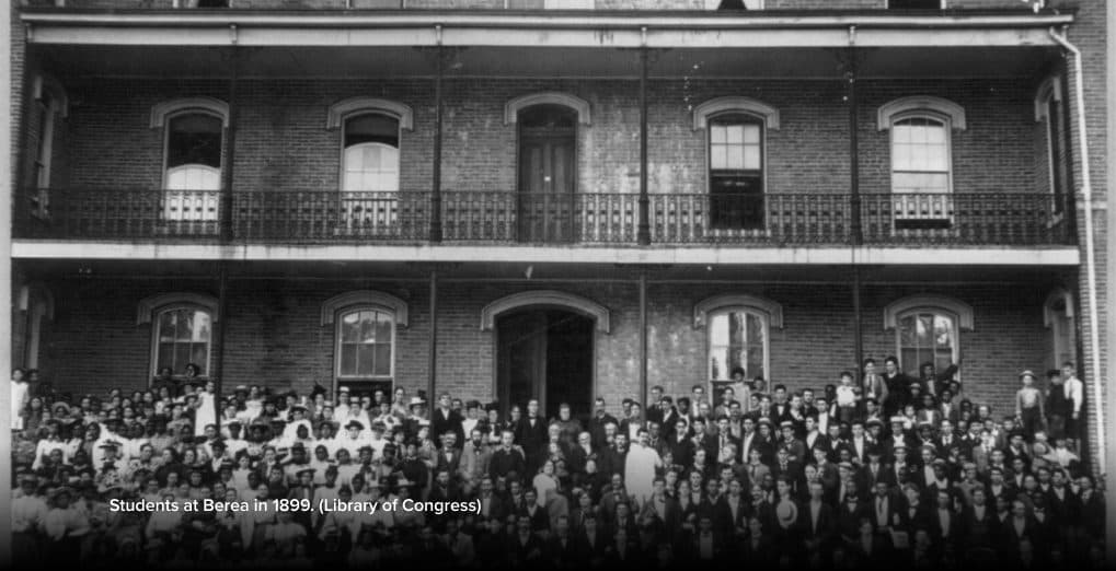 Black and white photo of Berea students in front of Fairchild Hall in the mid 1850s