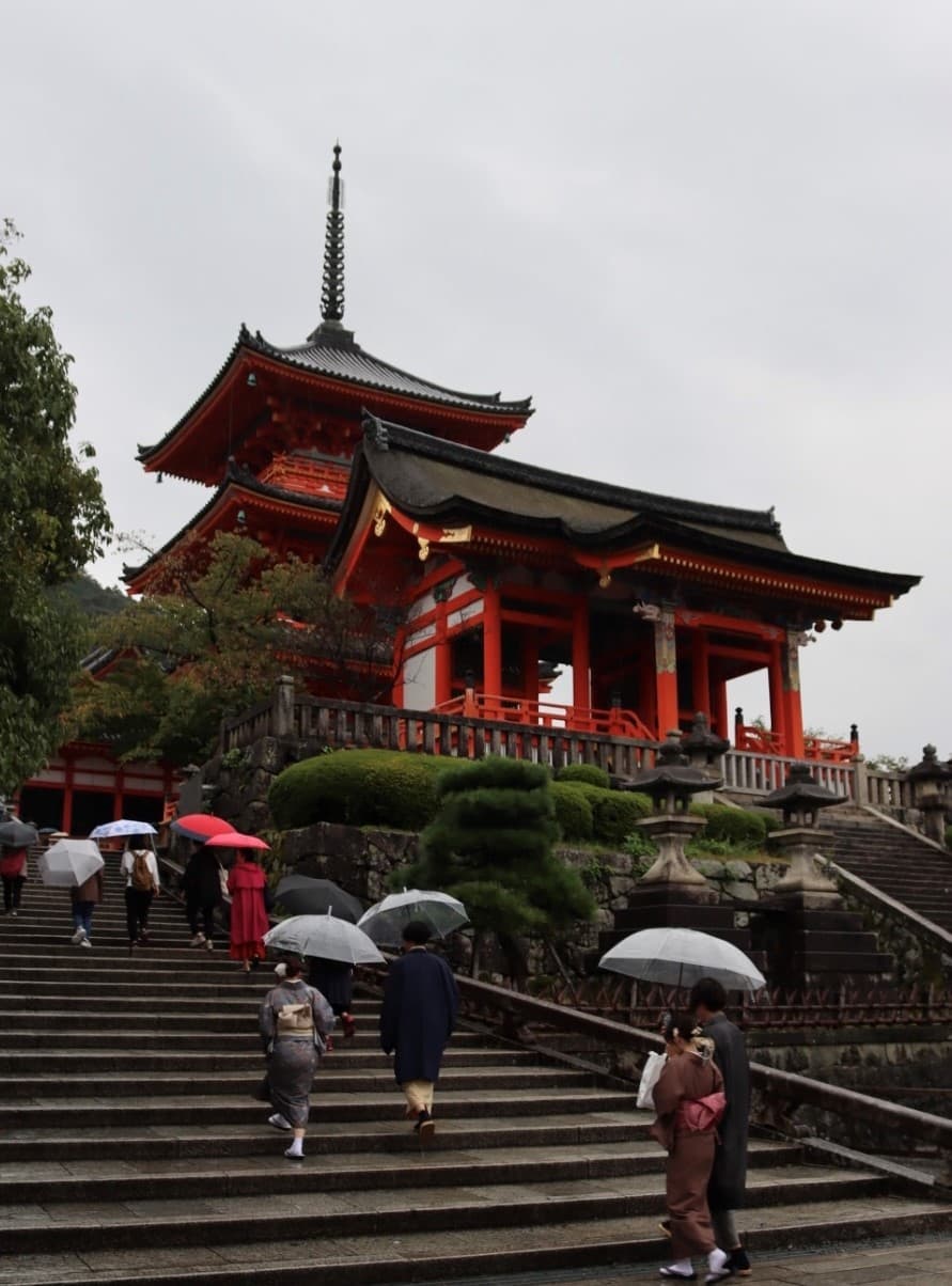 temple in japan with umbrellas