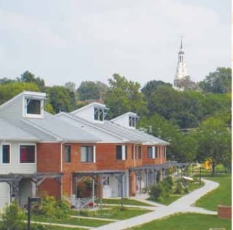 Exterior shot of Ecovillage with Draper tower in the foreground.