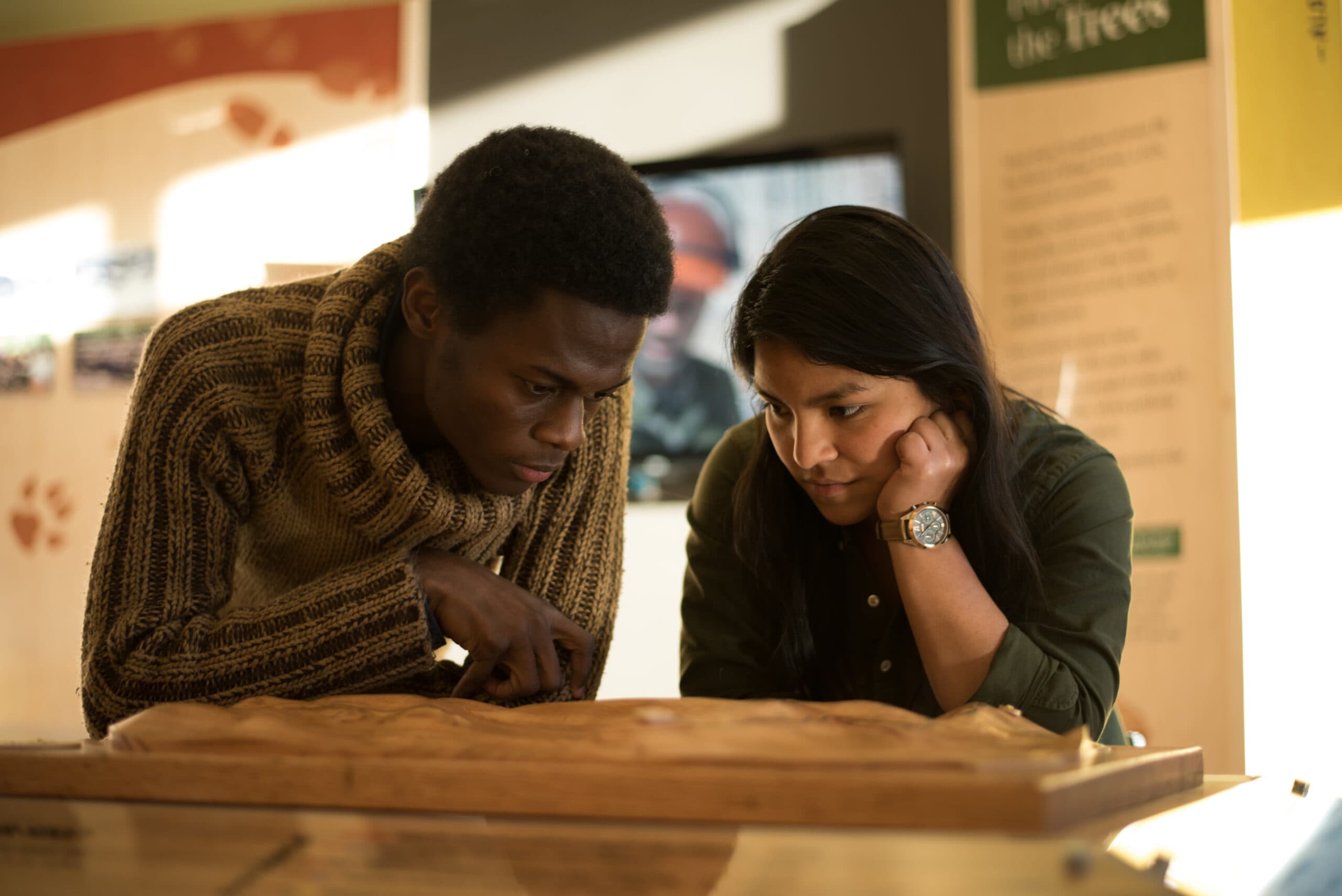 Students looking at a trail map in the Forestry Outreach Center