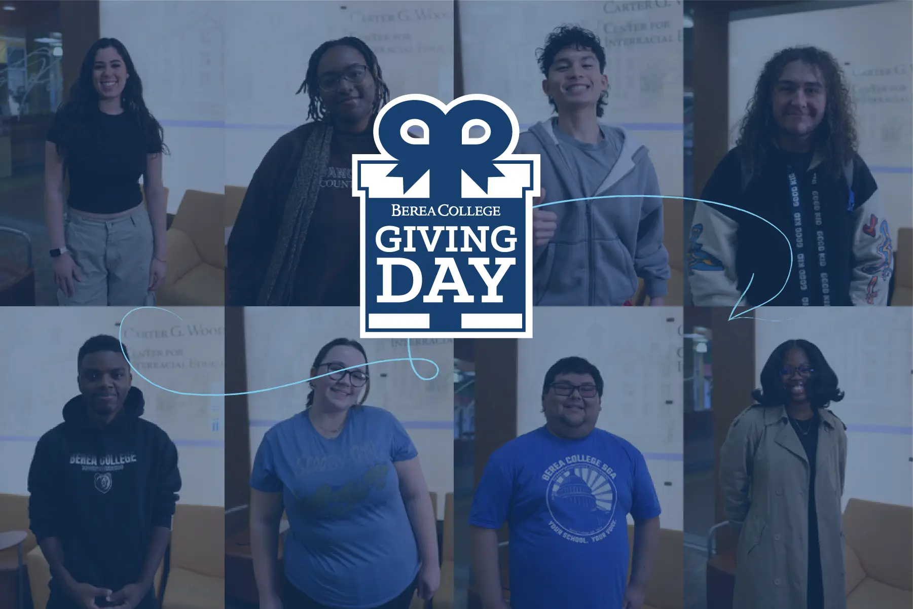 An image featuring a photo grid of several students from the Giving Day video. Giving Day Logo.